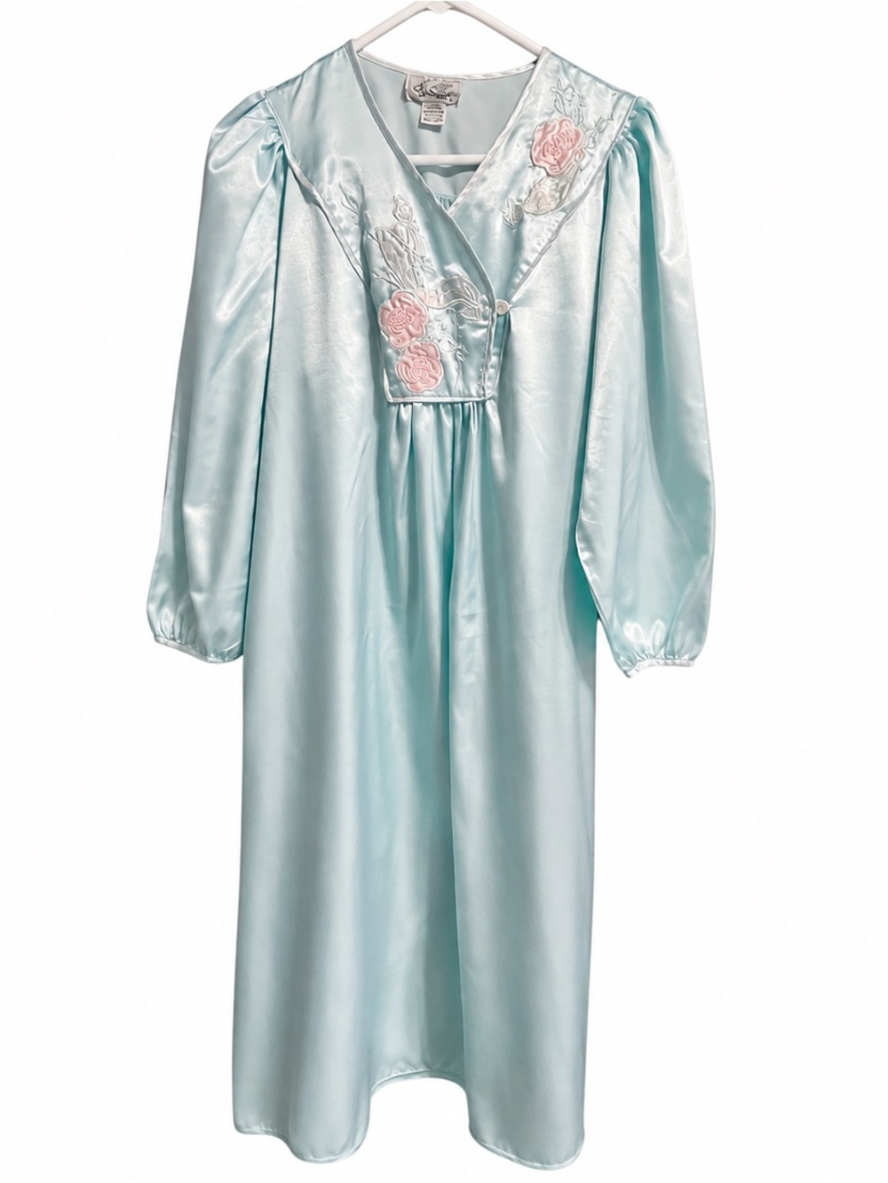Vintage Satin Long Sleeve Nightgown with Pink Floral Embroidery - Light Aqua